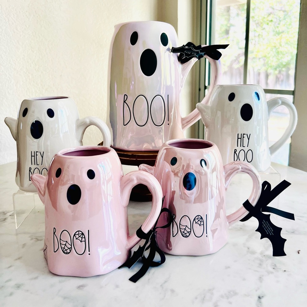 Rae Dunn Pink and White Ghost Mugs Set
